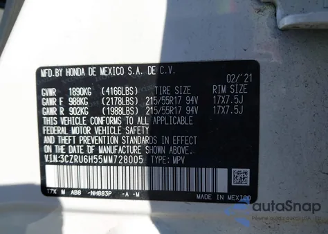 2021 Honda Hr-V Awd Ex из США, поврежденный, VIN 3CZRU6H55MM728005